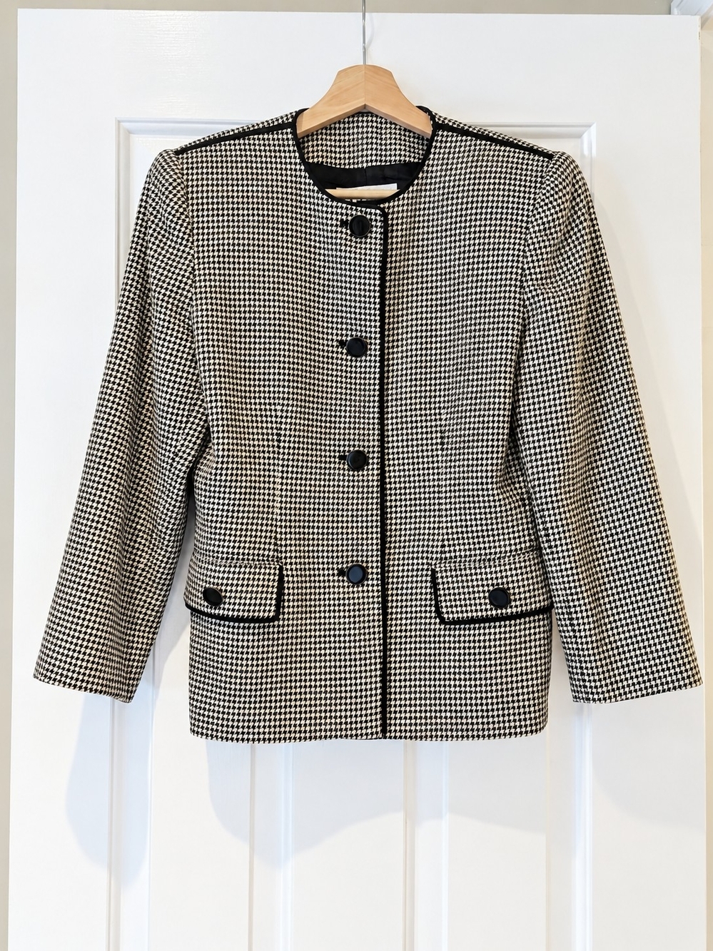 Vintage Wool Houndstooth Collarless Blazer Jacket S 90s Preppy Dark Academia 4